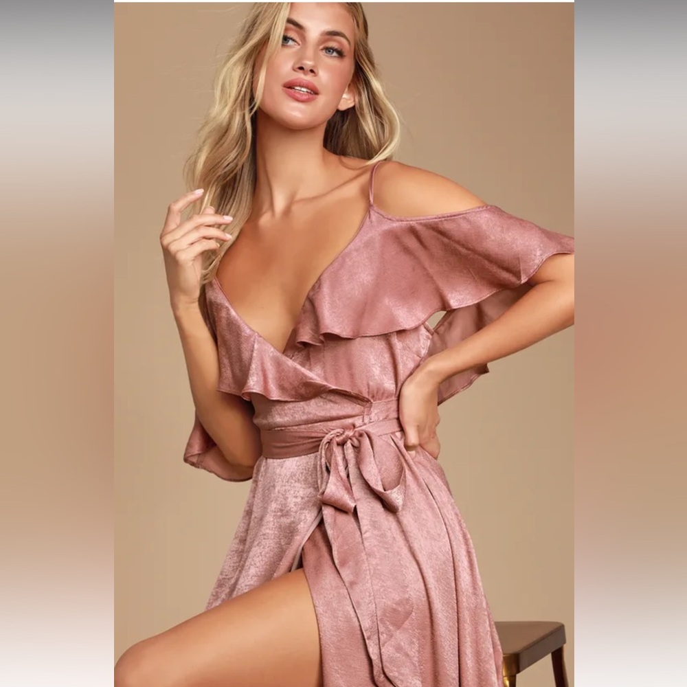 Rose satin wrap maxi dress.